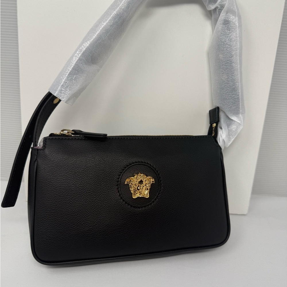 Versace Black Shoulder Bag with Gold Medusa Emblem